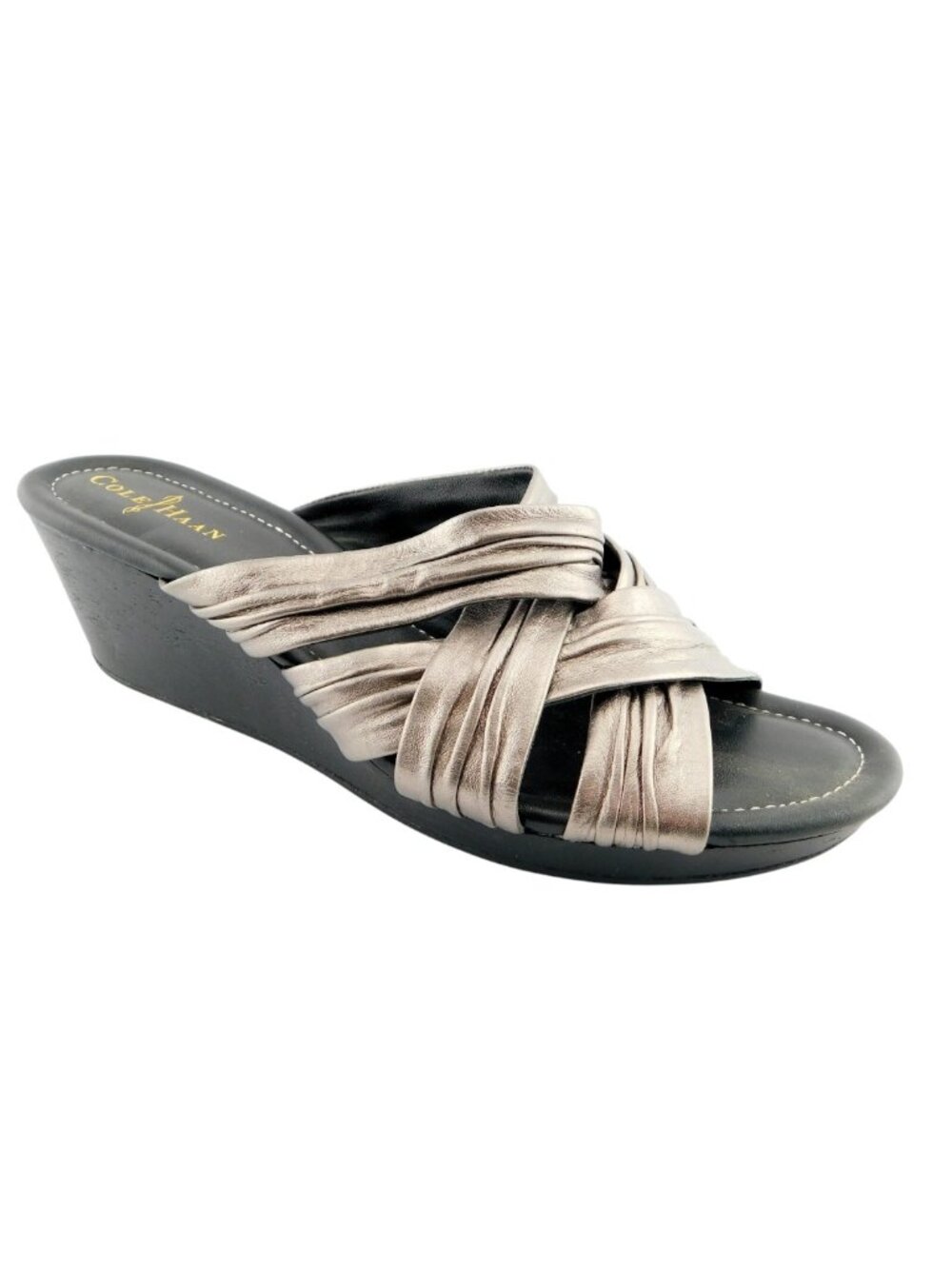 COLE HAAN Nike Air Shimmery Pewter Metallic Leather Crisscross Wedge Sandals 10